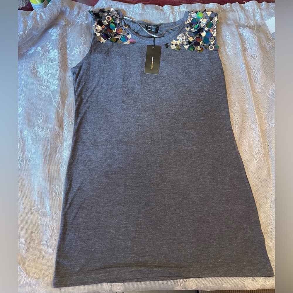 BCBGMaxAzria Gray Top Sleeveless with Colorful Embellishments
